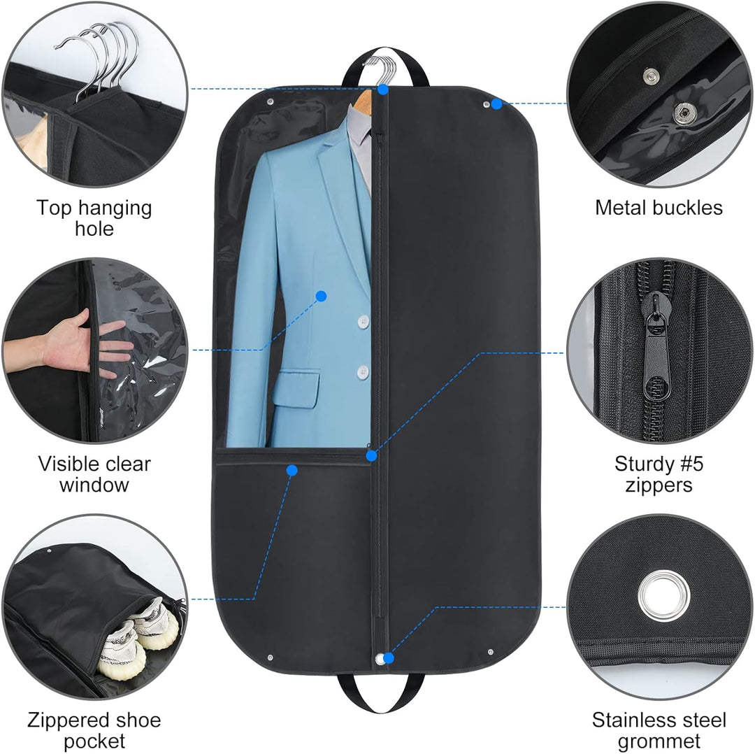 Two black waterproof garment bags, ideal suit and dress covers for travel, closet organization, and clothing protection.