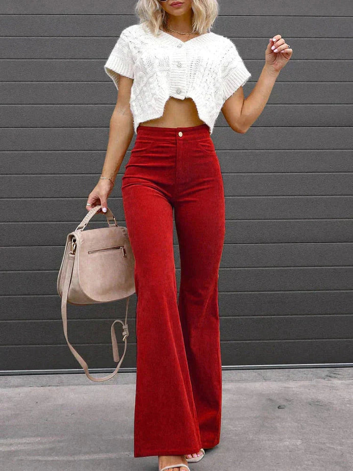 Wine red high waist flare pants for women, a chic choice for casual or office fashion.