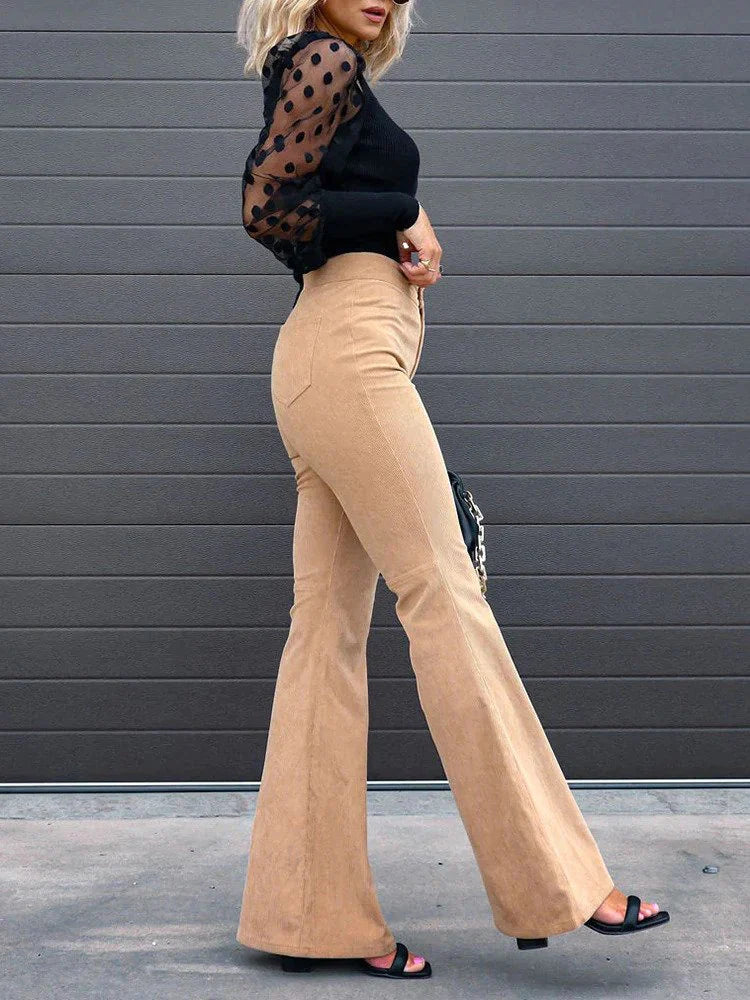 Casual khaki high-waisted flare pants for women, designed for comfort and everyday style.