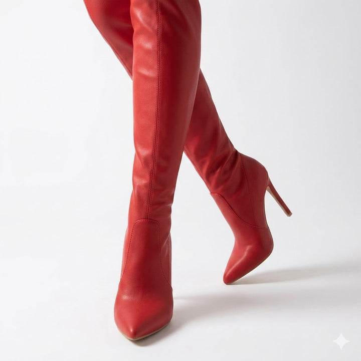 Black women's over-the-knee stiletto boots with a pointed toe. Elegant tall party shoes for evening wear.