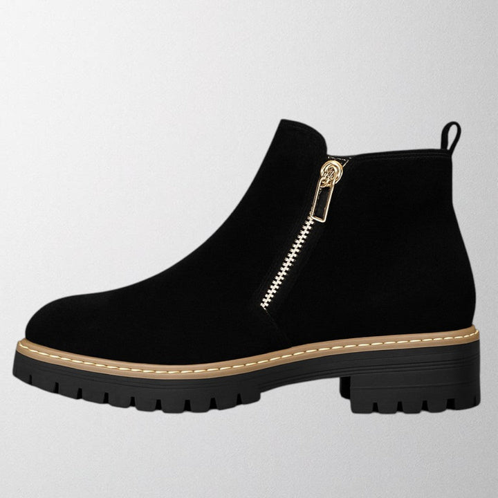 Black women's round toe side zip shoes, comfortable & versatile for office, casual & evening wear.