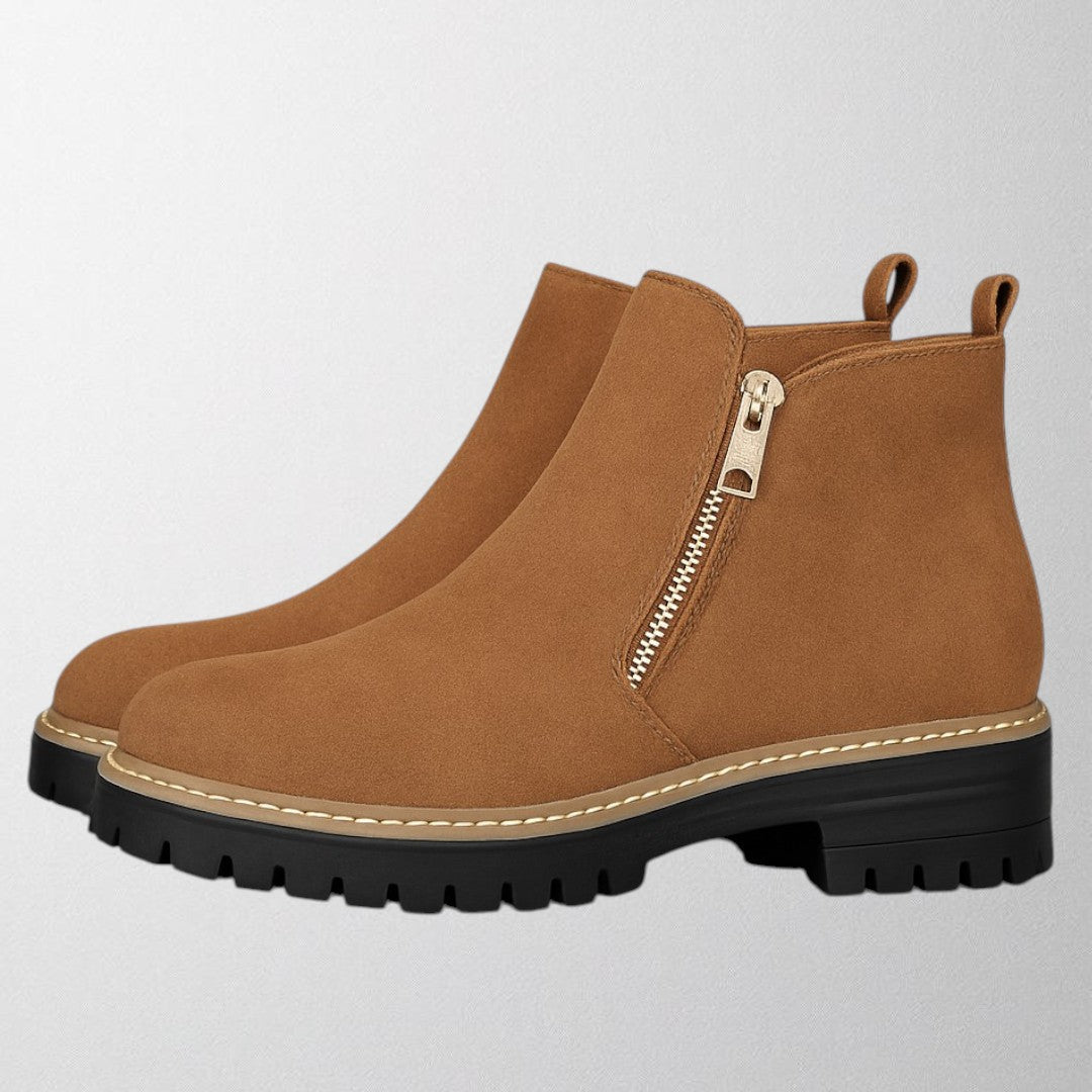 Brown women's round toe side zip shoes, versatile & comfortable, great for any occasion.