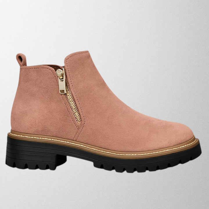 Pink women's round toe side zip shoes, offering comfortable & versatile style for various outfits.