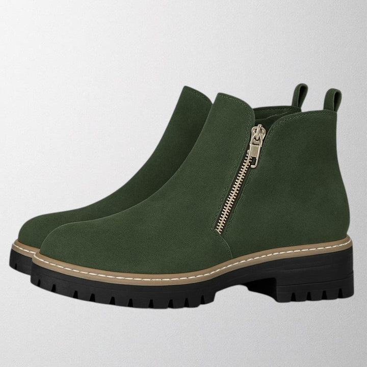 Dark green women's comfortable round toe side zip shoes, versatile for office & casual style.