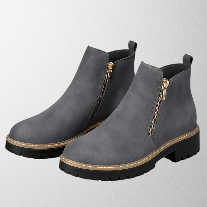 Stylish gray round toe side zip women's shoes, comfortable and versatile for office or evening.
