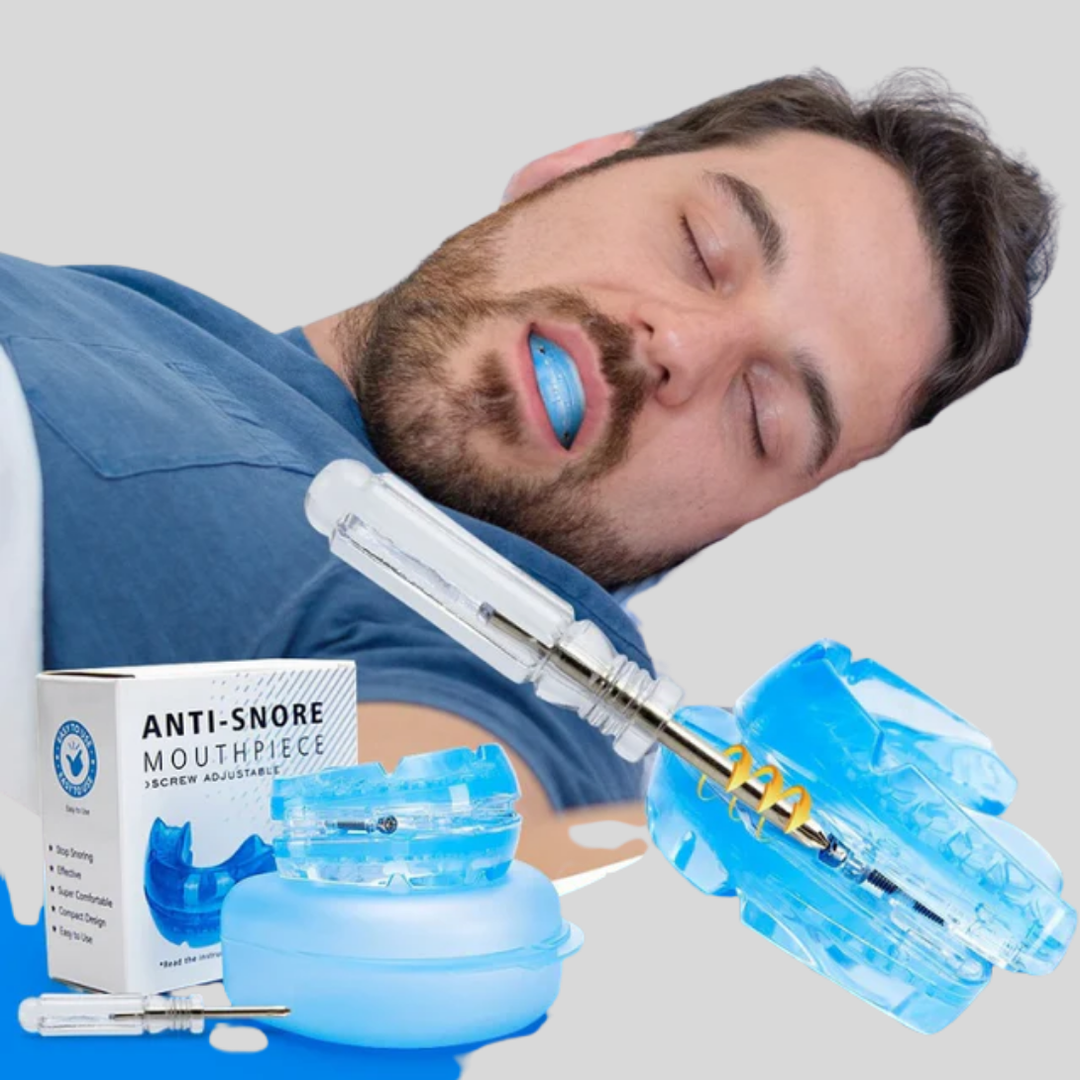 Blue adjustable anti-snoring mouthpiece for better sleep, a BPA-free oral appliance and travel-friendly sleep aid.