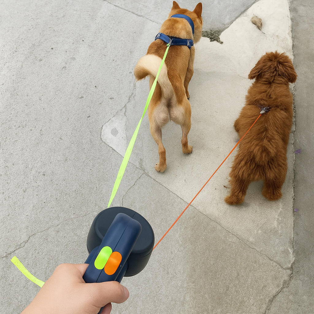 Blue dual retractable dog leash with 360° swivel for tangle-free two-dog walking. Pet safety gear.