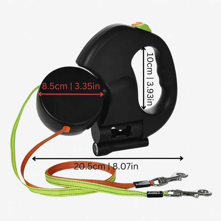 Tangle-free dual retractable dog leash, 360° swivel. Available in blue, black, red for pet owners.