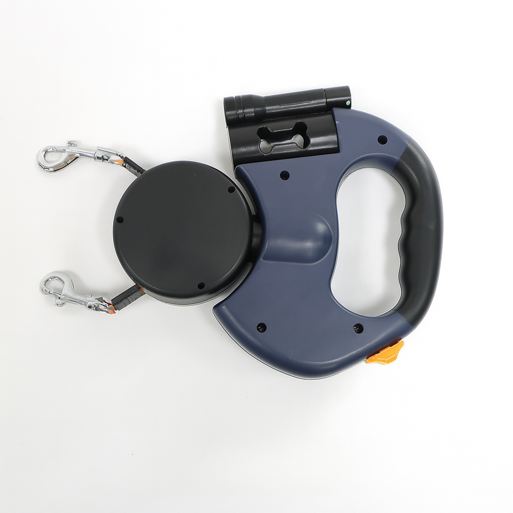 Pet safety dual retractable dog leash for walking two dogs. Tangle-free design, essential pet gear.