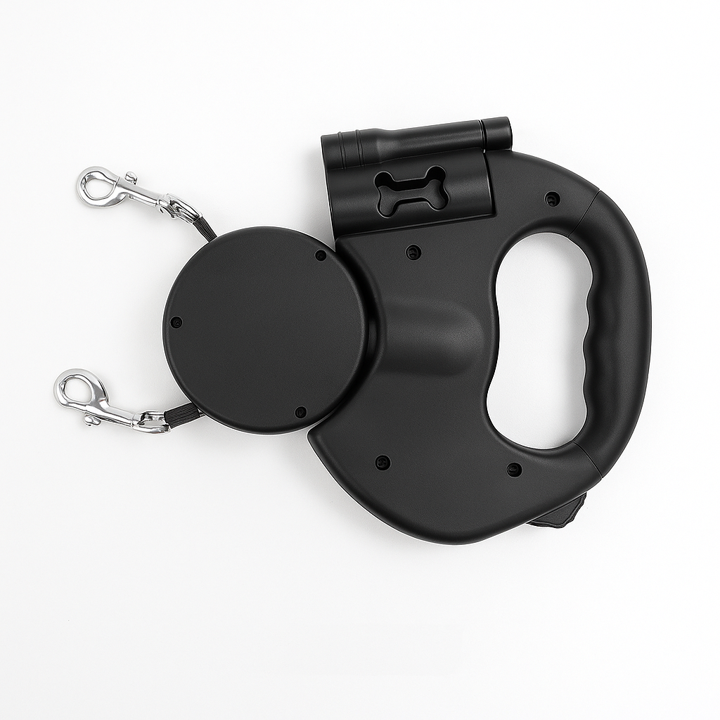 Black retractable dual dog leash, 360° swivel for safe, comfortable, tangle-free walking.