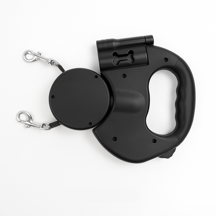 Black retractable dual dog leash, 360° swivel for safe, comfortable, tangle-free walking.