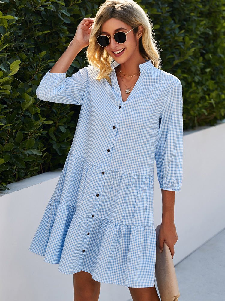 Blue flowy lightweight women's mini dress, perfect for summer vacation or casual wear. Elegant & chic.