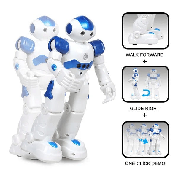 Two kids' smart robot toys, blue and red, standing side-by-side, ready for playtime.