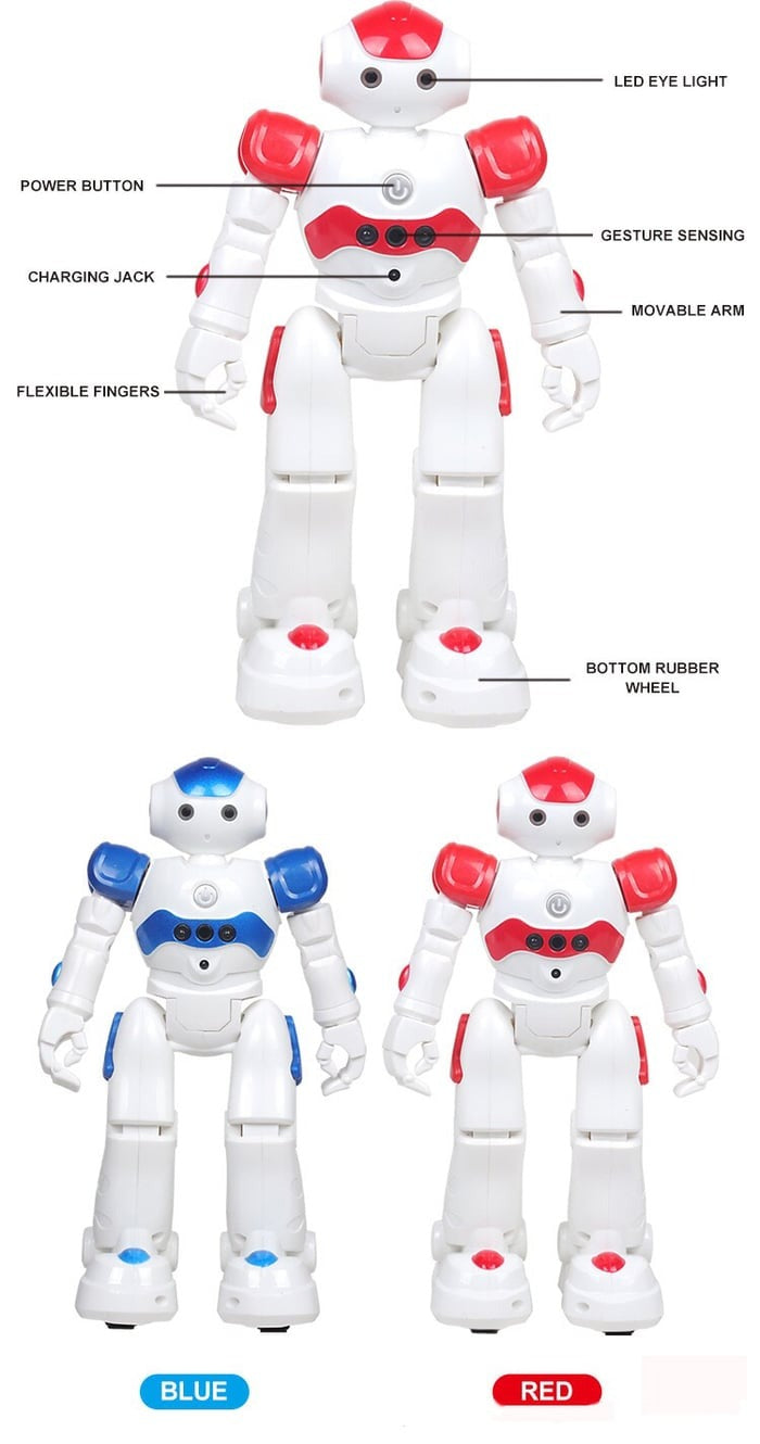 Rechargeable blue robot toy for kids, designed for educational play with talking & dancing.