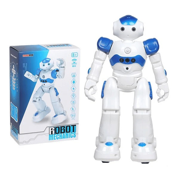 Child playing with a red interactive robot, enjoying its gesture control and talking features.