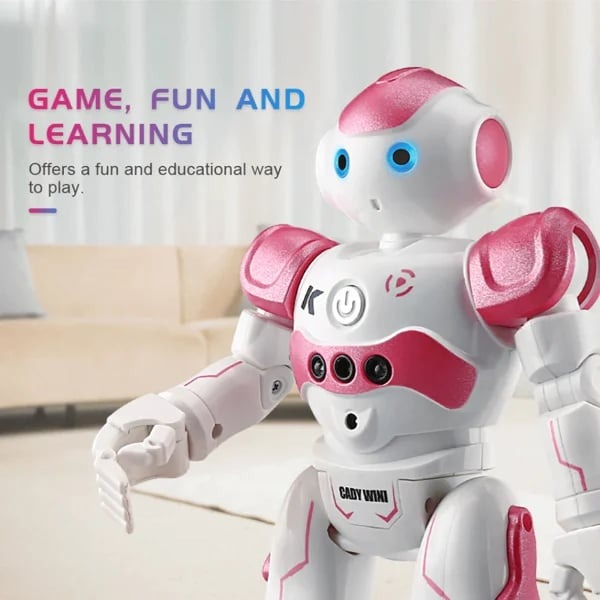 Dancing smart robot for kids, moving its arms and legs to music, encouraging active play.