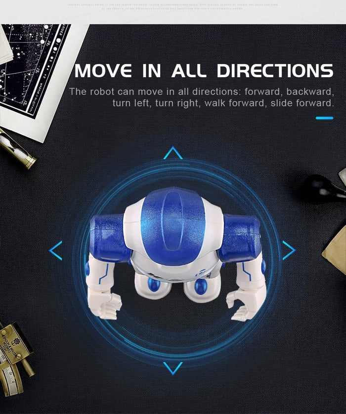 Educational STEM robot toy in blue, teaching kids through interactive play and fun activities.