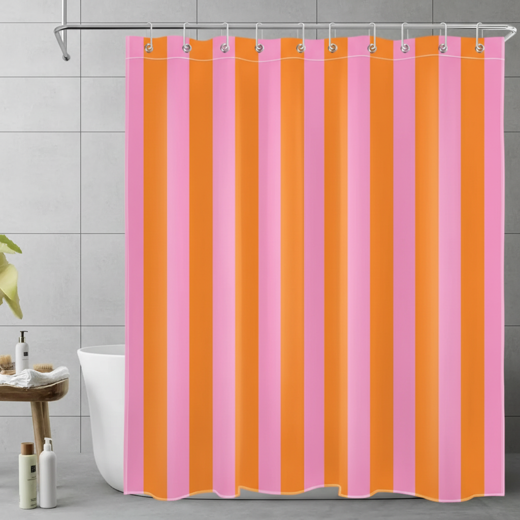 Boho striped fabric shower curtain, colorful & water repellent. Perfect for modern bathroom decor.