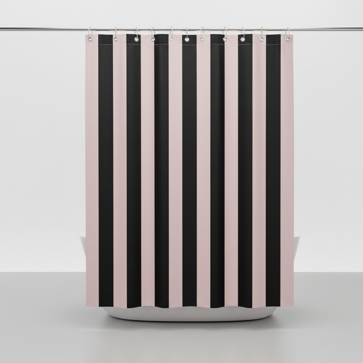Aesthetic boho striped fabric shower curtain, water repellent and easy to maintain for bathrooms.