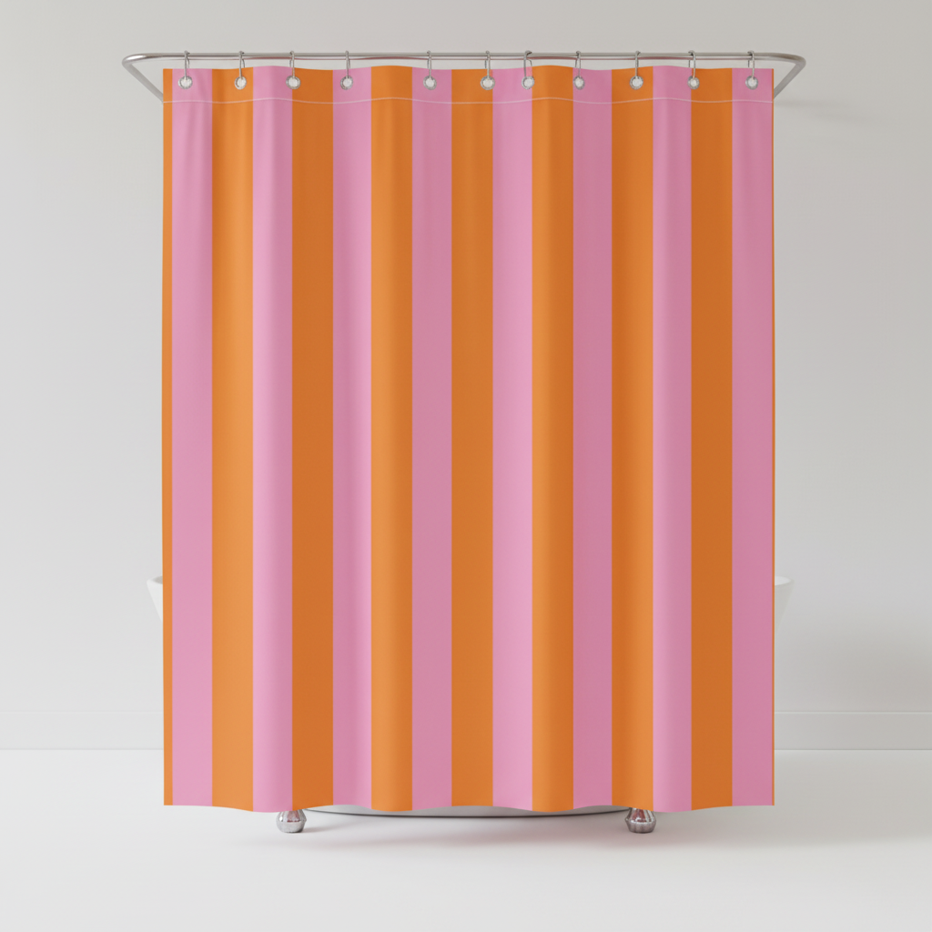 Stripelight boho fabric shower curtain, featuring modern stripes & quick-dry material for bathrooms.