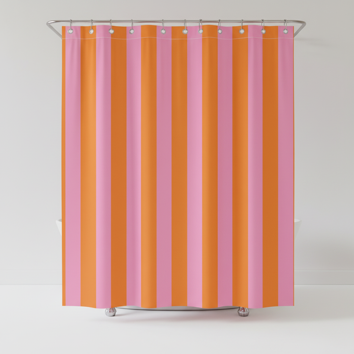 Stripelight boho fabric shower curtain, featuring modern stripes & quick-dry material for bathrooms.