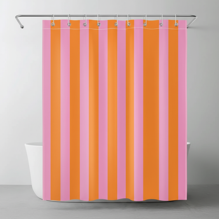 Stripelight boho fabric shower curtain. Quick-dry, easy to install, vibrant bathroom accessory.