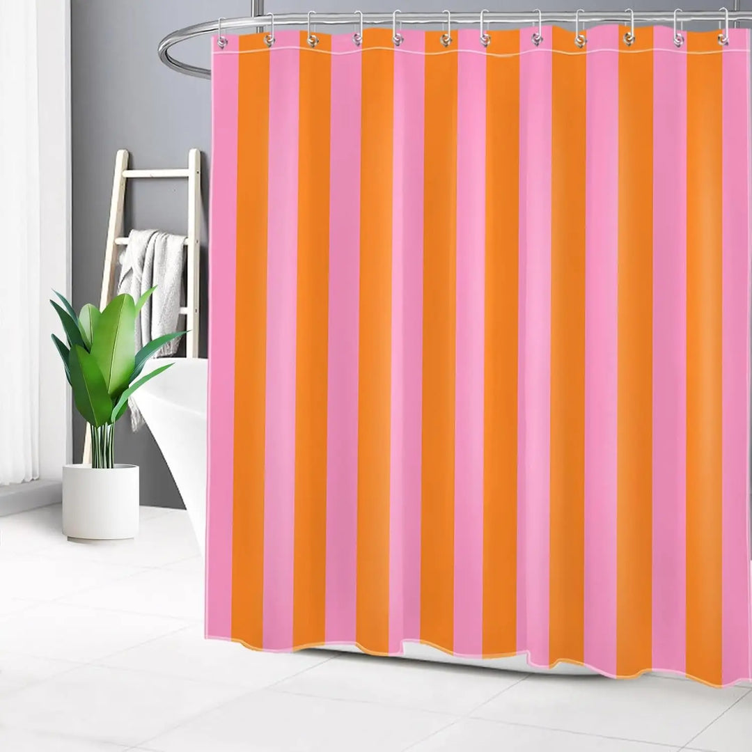 Boho Stripelight fabric shower curtain, vibrant striped design for modern bathrooms.