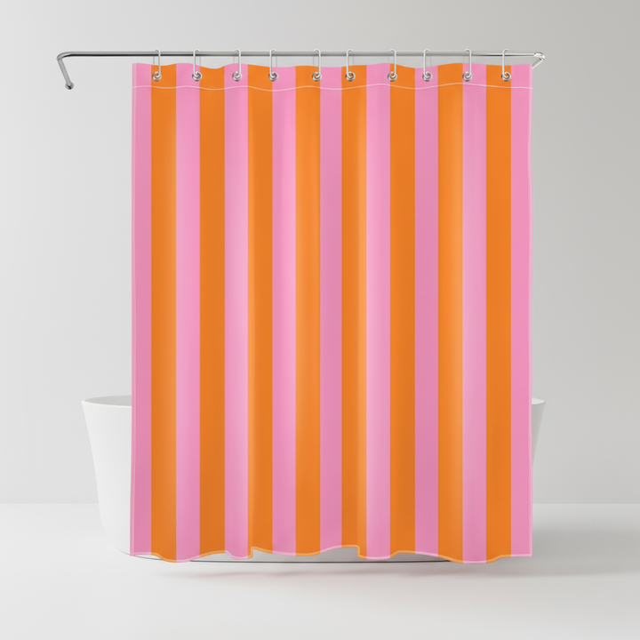 Vibrant boho striped fabric shower curtain, a quick-dry bathroom accessory for modern homes.