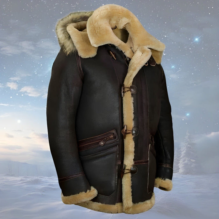 Brown men's padded hooded jacket, ideal winter coat for cold weather. Warm, insulated, and tailored fit.