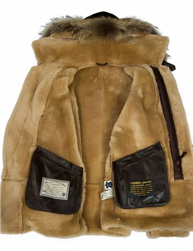 Protective men's insulated hooded jacket in brown. Tailored fit outerwear for warmth & cold weather fashion.