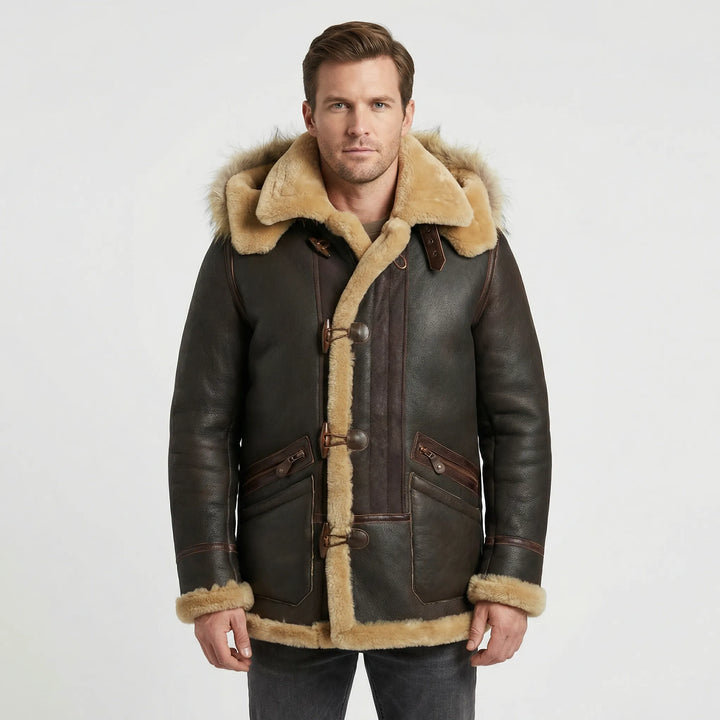 Men's tailored fit brown padded hooded jacket. Stylish & warm outerwear, perfect for winter's cold weather.