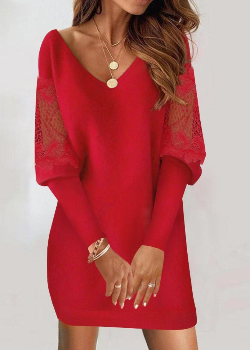 Stylish V-neck bodycon mini dress for women, featuring delicate lace sleeves. Ideal elegant evening or party wear. Short & chic.