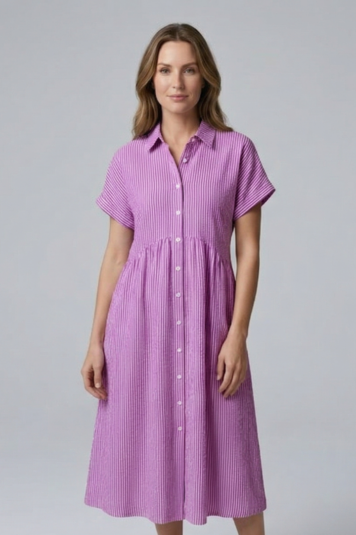 Chic multi-color button-front midi dress for women. Flattering design, ideal for summer or spring wear.