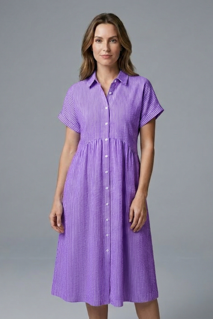 Collared button-front midi dress, women's flattering fit. Elegant and versatile for all body types, plus size.