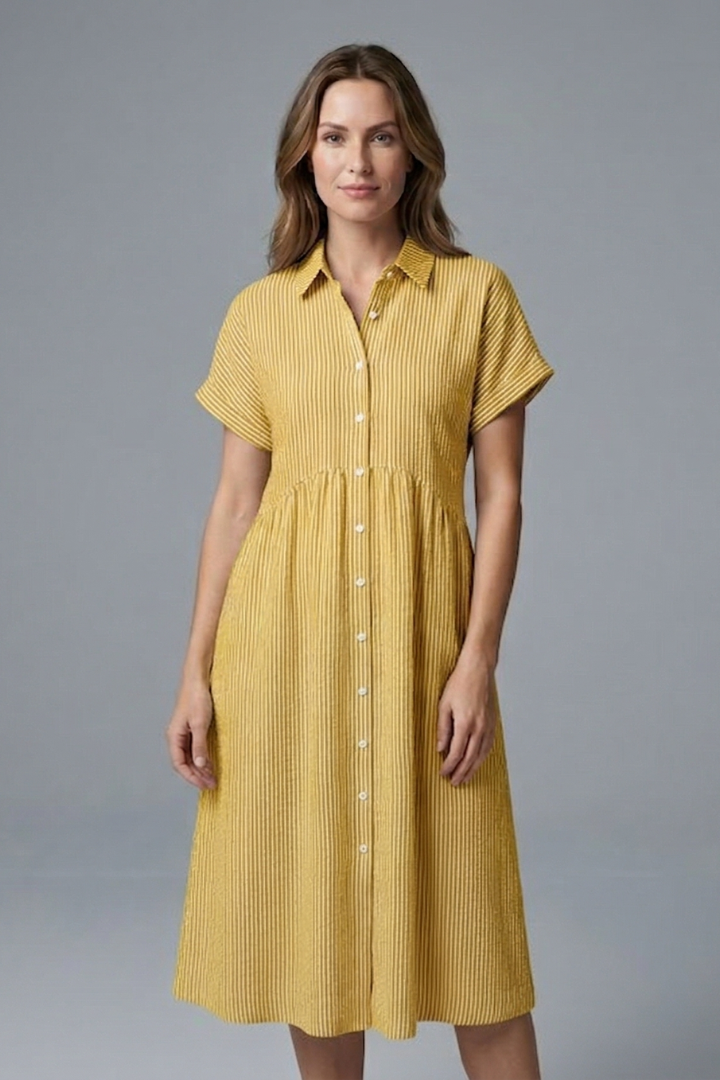 Women's elegant button-up midi dress, perfect as a versatile casual or formal spring/summer outfit.