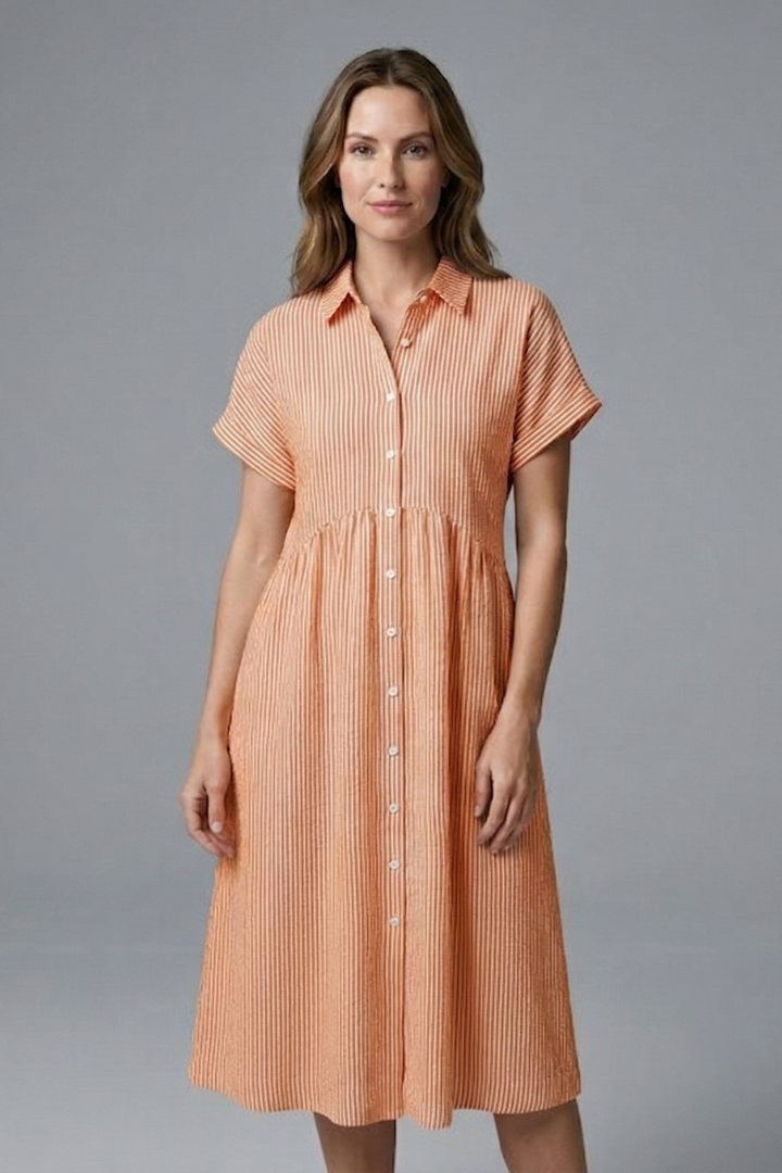 Flattering women's midi dress with chic button-front. Collared, versatile for spring, summer & multiple occasions.