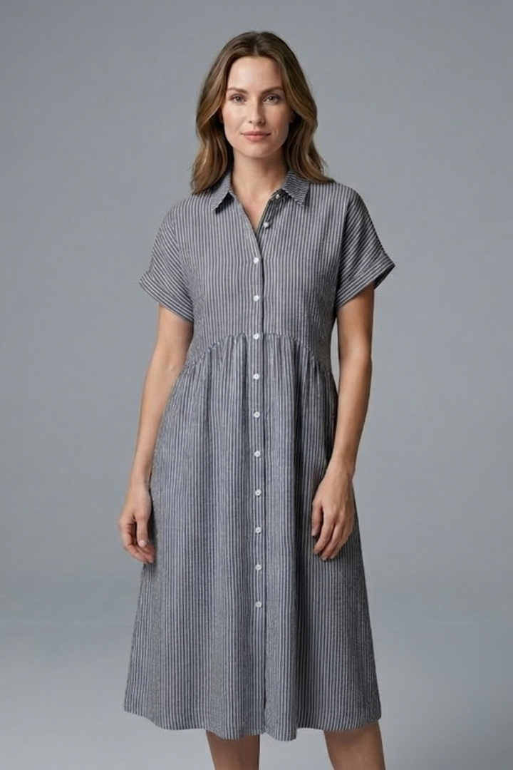 Stylish multi-color button-front midi dress. Women's collared design, perfect for elegant casual summer wear.