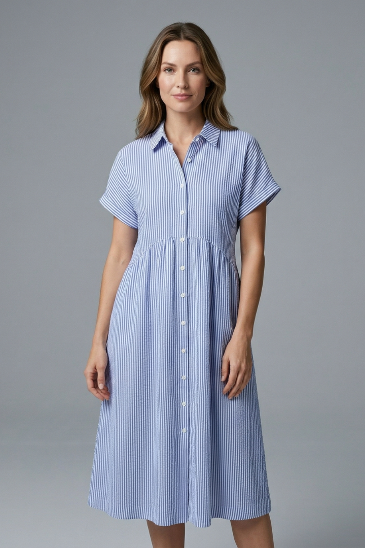 Elegant women's midi dress with full button-front, perfect for casual or formal occasions. Multi-color.