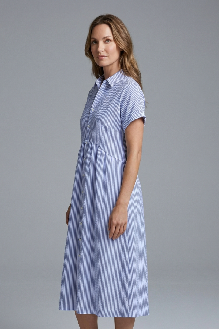 Versatile women's button-up midi dress, collared style for a chic look. Ideal for spring/summer fashion.