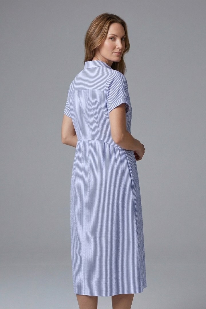 Women's summer midi dress, button-front design. Casual yet elegant, perfect for warm weather style.