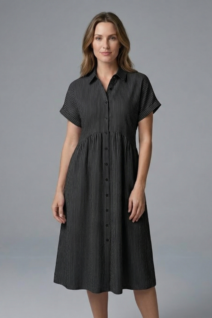Multi-color button-front midi dress for women. Chic, flattering, and perfect as a versatile casual dress.