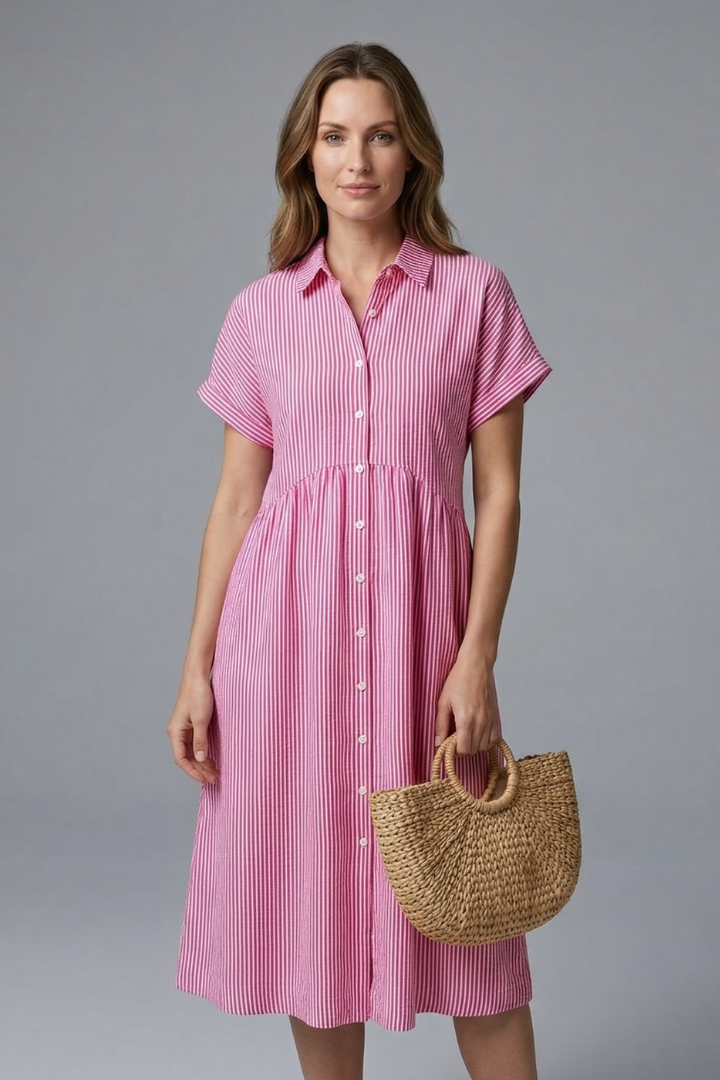 Elegant women's button dress, midi length with a flattering fit. A chic collared style for any event.