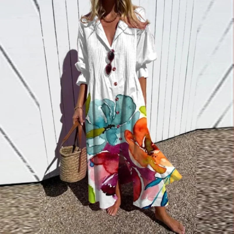 Chic collared button-down maxi dress, a relaxed fit long sleeve summer dress for women's style.