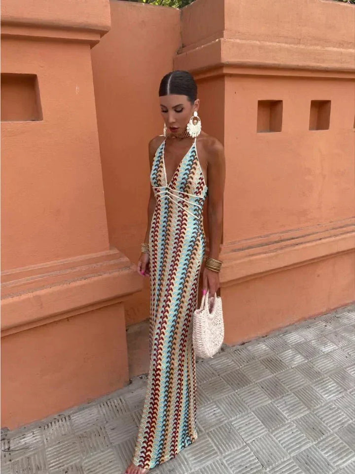 Elegant boho printed maxi dress for women, perfect as a wedding guest outfit or summer party wear.