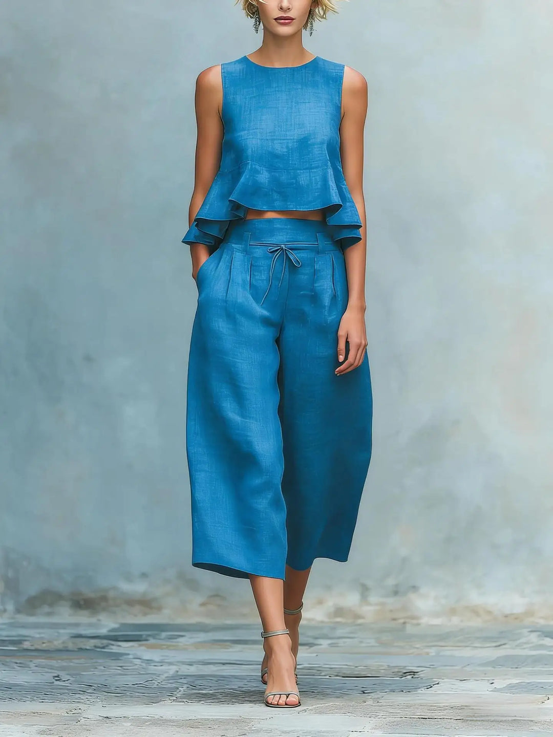 Sleeveless crop top & matching wide leg pants set for women. Versatile casual daywear or elegant spring attire.