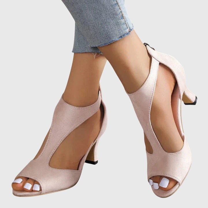 Chic women's cut out peep toe block heel sandals with ankle zip, perfect for evening wear.