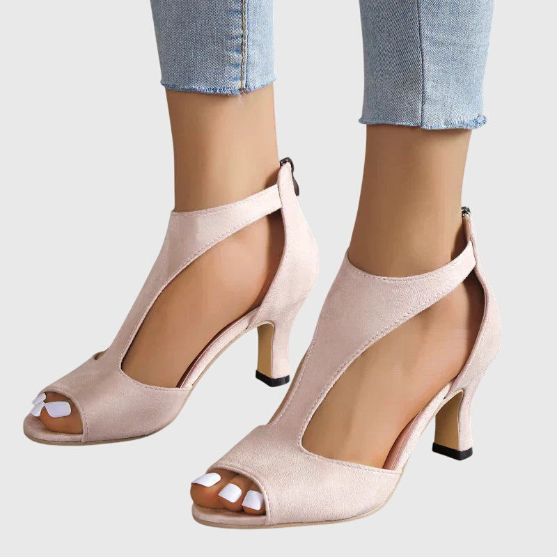 Elegant women's summer sandals: peep toe, cut out design, sturdy block heel, ideal for dresses.
