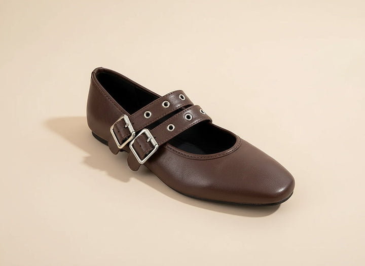 Stylish women's Mary Jane buckle flats, featuring double straps. Versatile and chic for casual or office outfits.