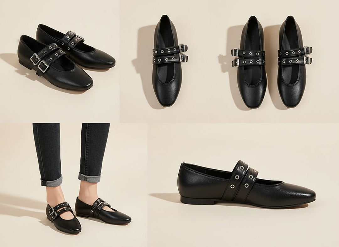 Classic modern women's flats with double buckle straps, an almond toe, offering stylish comfort for daily wear.
