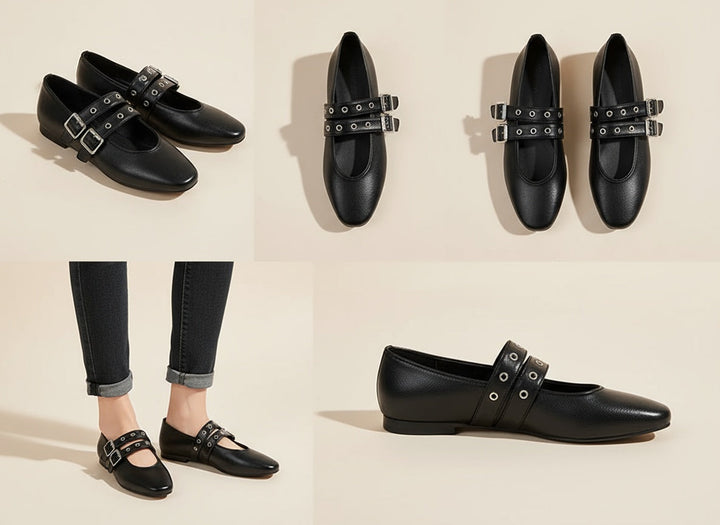 Classic modern women's flats with double buckle straps, an almond toe, offering stylish comfort for daily wear.